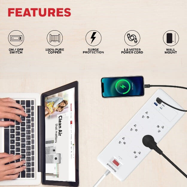 รางปลั๊กไฟ 6 ช่อง HONEYWELL รุ่น HC000048 ป้องกันไฟกระชาก ความยาว 1.8 เมตร พร้อมช่องเสียบ (USB-A 2 ช่อง , USB-C 1 ช่อง)_3